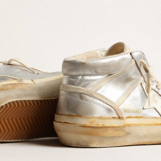 Golden Goose Women's Mid Star Sneakers In Silver Metallic Leather With Ivory Star GWF00408.F004083.70259