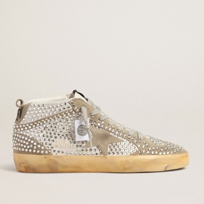 Golden Goose Women's Mid Star Sneakers In White And Dove-gray Suede With Swarovski Crystals GWF00122.F004088.11376