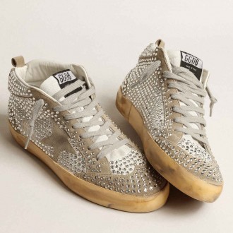 Golden Goose Women's Mid Star Sneakers In White And Dove-gray Suede With Swarovski Crystals GWF00122.F004088.11376