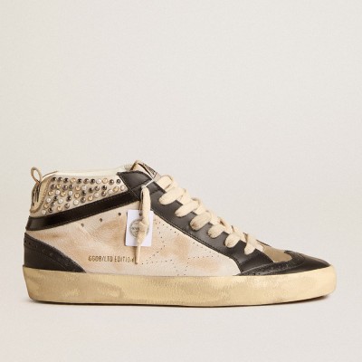 Golden Goose Women's Mid Star Sneakers LTD In Black And White Leather With Pearls And Perforated Star GWF00247.F005950.82373