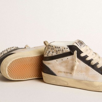 Golden Goose Women's Mid Star Sneakers LTD In Black And White Leather With Pearls And Perforated Star GWF00247.F005950.82373