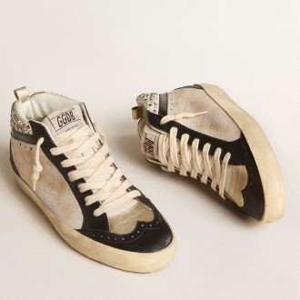 Golden Goose Women's Mid Star Sneakers LTD In Black And White Leather With Pearls And Perforated Star GWF00247.F005950.82373