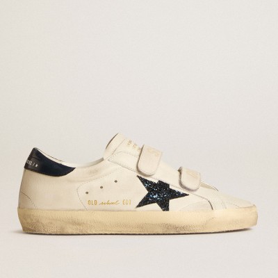 Golden Goose Women's Old School Sneakers In Leather With Blue Glitter Star And Blue Leather Heel Tab GWF00111.F005893.10793