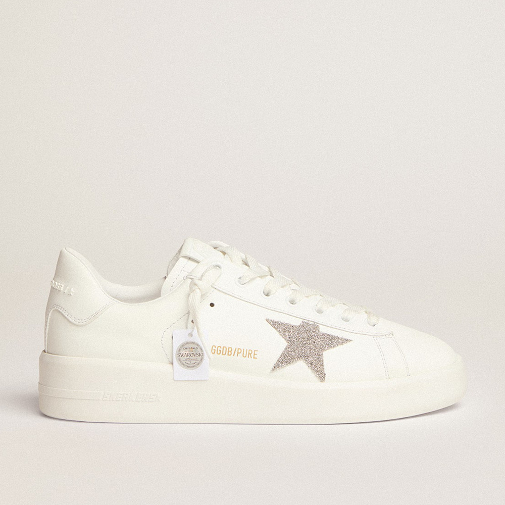 Golden Goose Women's Purestar Sneakers In White Leather With Silver Swarovski Crystal Star GWF00197.F002789.80185