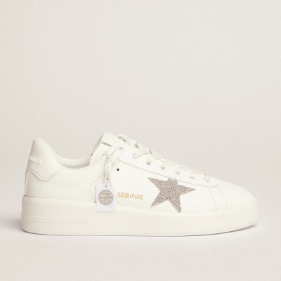 Golden Goose Women's Purestar Sneakers In White Leather With Silver Swarovski Crystal Star GWF00197.F002789.80185