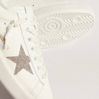 Golden Goose Women's Purestar Sneakers In White Leather With Silver Swarovski Crystal Star GWF00197.F002789.80185