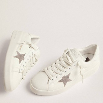 Golden Goose Women's Purestar Sneakers In White Leather With Silver Swarovski Crystal Star GWF00197.F002789.80185