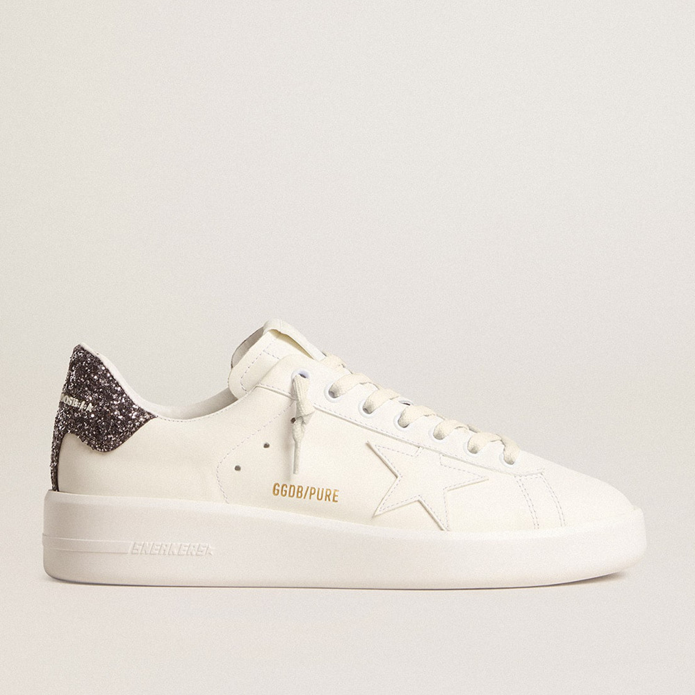 Golden Goose Women's Purestar Sneakers With White Leather Star And Anthracite Glitter Heel Tab GWF00197.F005918.11867