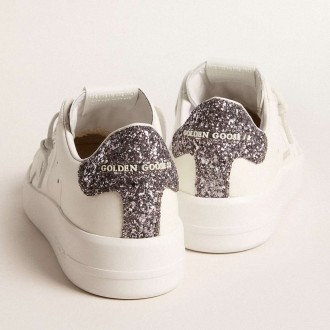 Golden Goose Women's Purestar Sneakers With White Leather Star And Anthracite Glitter Heel Tab GWF00197.F005918.11867