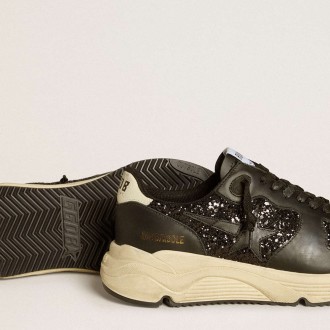 Golden Goose Women's Running Sole Shoes In Black Glitter With Leather Star And Nubuck Heel Tab GWF00126.F006648.90184