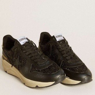 Golden Goose Women's Running Sole Shoes In Black Glitter With Leather Star And Nubuck Heel Tab GWF00126.F006648.90184