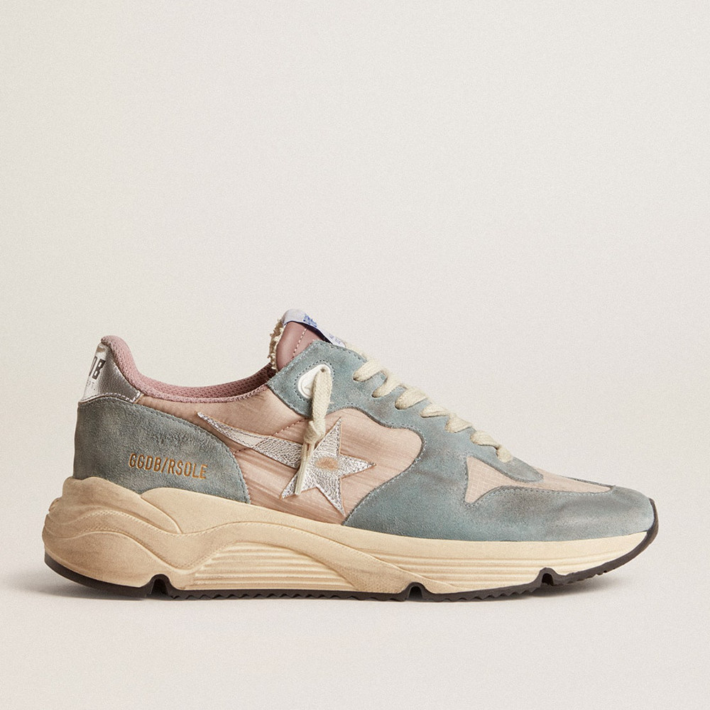 Golden Goose Women's Running Sole Shoes In Pink Nylon And Light-blue Suede With Silver Leather Star GWF00126.F006054.60530