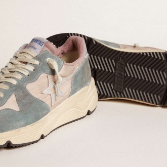 Golden Goose Women's Running Sole Shoes In Pink Nylon And Light-blue Suede With Silver Leather Star GWF00126.F006054.60530