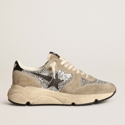 Golden Goose Women's Running Sole Shoes In Silver Glitter And Dove Gray Suede GWF00126.F003772.60246