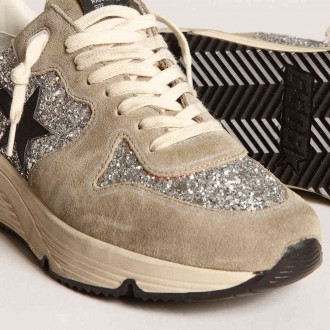 Golden Goose Women's Running Sole Shoes In Silver Glitter And Dove Gray Suede GWF00126.F003772.60246