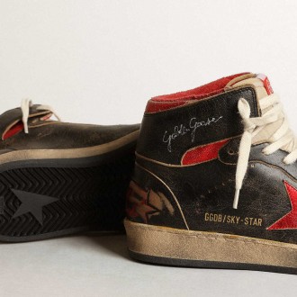 Golden Goose Women's Sky-Star Sneakers In Black Glossy Leather With Red Star GWF00230.F003285.90235