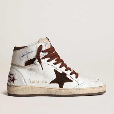 Golden Goose Women's Sky-Star Sneakers In White Nappa Leather With Chocolate Suede Star GWF00230.F004005.11362