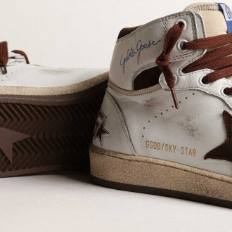 Golden Goose Women's Sky-Star Sneakers In White Nappa Leather With Chocolate Suede Star GWF00230.F004005.11362