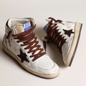 Golden Goose Women's Sky-Star Sneakers In White Nappa Leather With Chocolate Suede Star GWF00230.F004005.11362