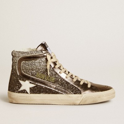 Golden Goose Women's Slide Sneakers In Black And Silver Glitter With Leather Star And Metallic Flash GWF00115.F006619.60565