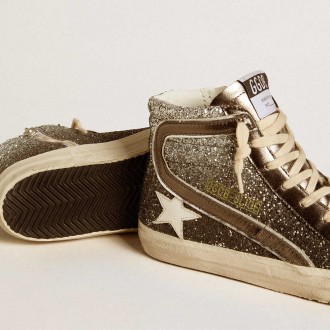 Golden Goose Women's Slide Sneakers In Black And Silver Glitter With Leather Star And Metallic Flash GWF00115.F006619.60565