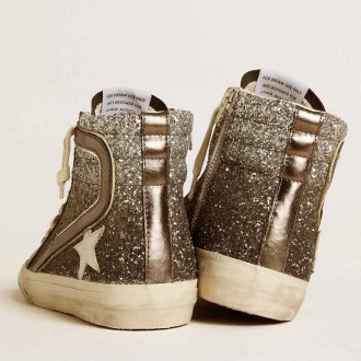 Golden Goose Women's Slide Sneakers In Black And Silver Glitter With Leather Star And Metallic Flash GWF00115.F006619.60565