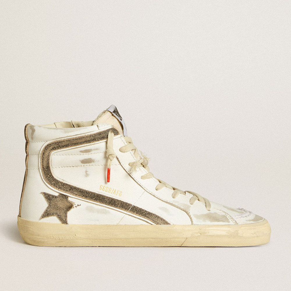 Golden Goose Women's Slide Sneakers LAB In White Leather With Star And Flash In Brown Suede GWF00115.F006459.10283