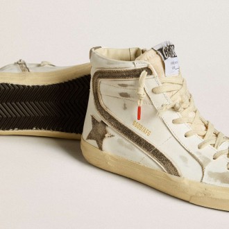 Golden Goose Women's Slide Sneakers LAB In White Leather With Star And Flash In Brown Suede GWF00115.F006459.10283