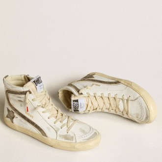 Golden Goose Women's Slide Sneakers LAB In White Leather With Star And Flash In Brown Suede GWF00115.F006459.10283