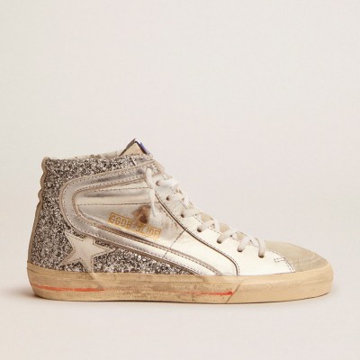 Golden Goose Women's Slide Sneakers With Laminated Leather Upper And Silver Glitter GWF00116.F001046.70160