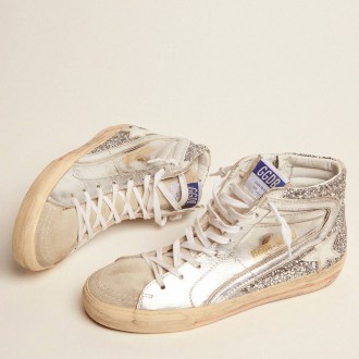 Golden Goose Women's Slide Sneakers With Laminated Leather Upper And Silver Glitter GWF00116.F001046.70160