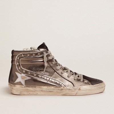 Golden Goose Women's Slide Sneakers With Silver Laminated Leather Upper And Studs GWF00115.F001711.90179