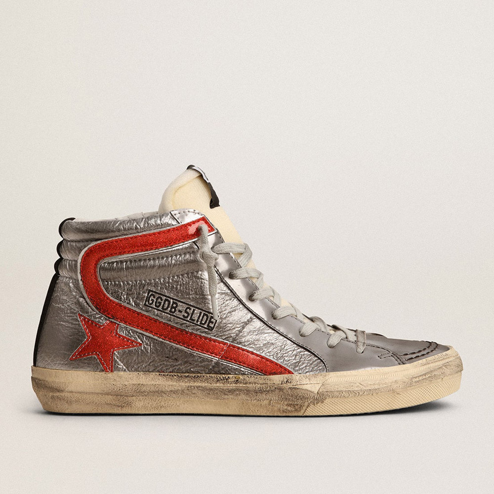 Golden Goose Women's Slide Sneakers With Silver Metallic Leather Upper And Red Metallic Leather Flash GWF00115.F002914.81521