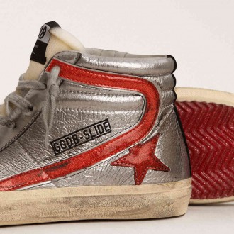 Golden Goose Women's Slide Sneakers With Silver Metallic Leather Upper And Red Metallic Leather Flash GWF00115.F002914.81521