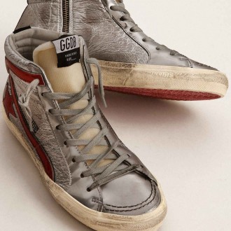 Golden Goose Women's Slide Sneakers With Silver Metallic Leather Upper And Red Metallic Leather Flash GWF00115.F002914.81521