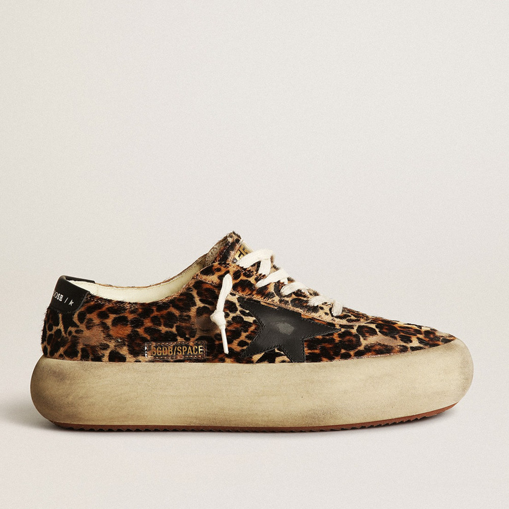 Golden Goose Women's Space-Star Sneakers In Leopard Print Pony Skin With Black Star GWF00378.F003305.81472