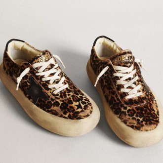 Golden Goose Women's Space-Star Sneakers In Leopard Print Pony Skin With Black Star GWF00378.F003305.81472