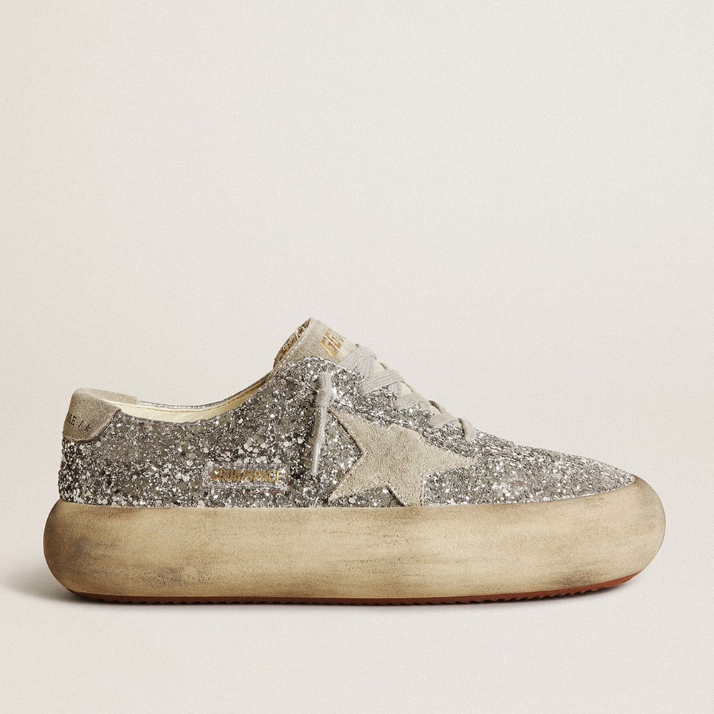 Golden Goose Women's Space-Star Sneakers In Silver Glitter With Ice-gray Star GWF00378.F003309.70136