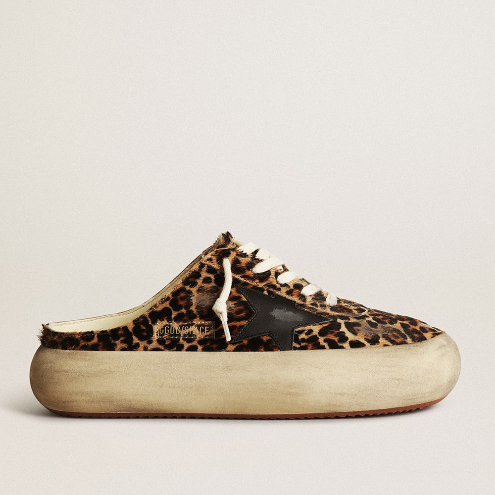 Golden Goose Women's Space-Star Sneakers Sabot In Leopard Print Pony Skin With Black Star GWF00383.F003331.81472