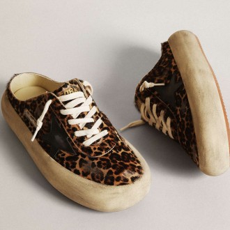 Golden Goose Women's Space-Star Sneakers Sabot In Leopard Print Pony Skin With Black Star GWF00383.F003331.81472