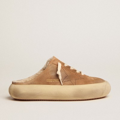 Golden Goose Women's Space-Star Sneakers Sabot Shoes In Tobacco-colored Suede With Shearling Lining GWF00348.F002997.55353