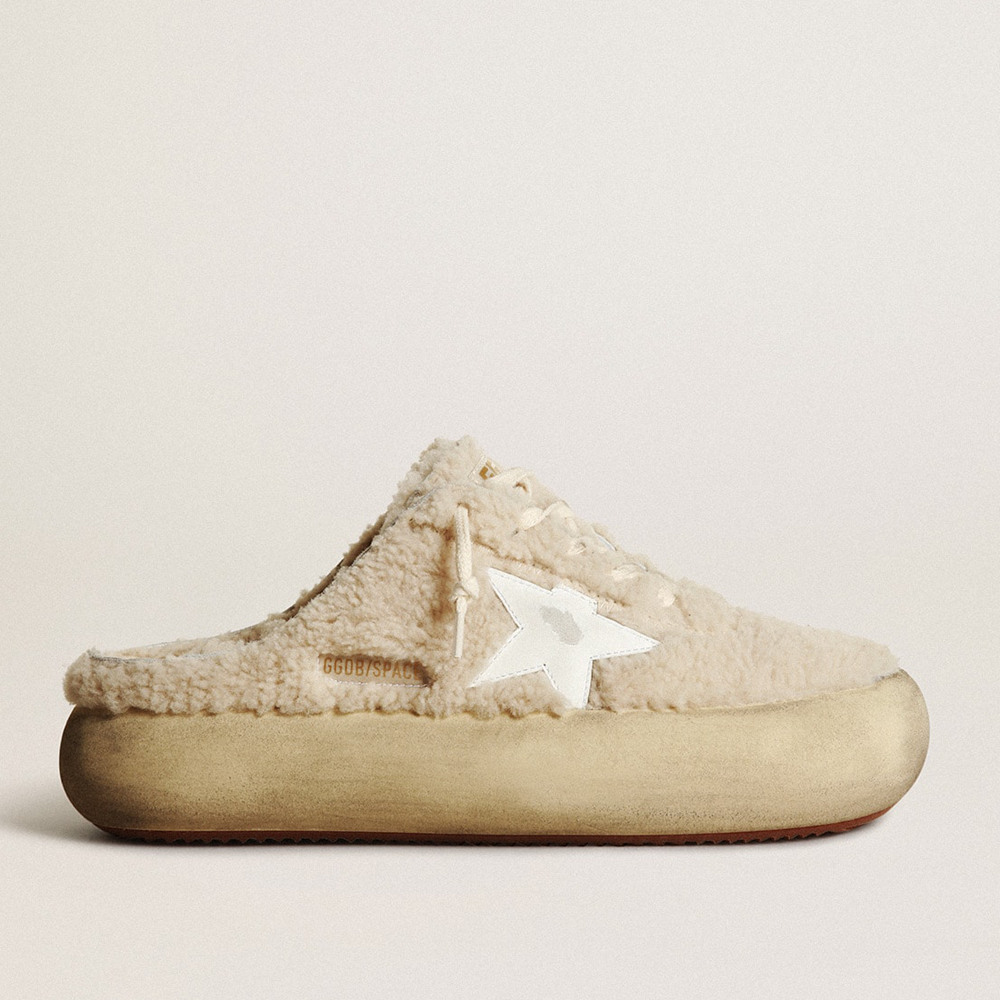 Golden Goose Women's Space-Star Sneakers Sabots In Beige Shearling With White Leather Star GWF00349.F003333.15292