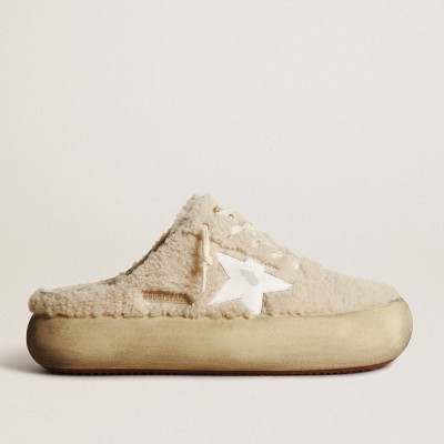 Golden Goose Women's Space-Star Sneakers Sabots In Beige Shearling With White Leather Star GWF00349.F003333.15292