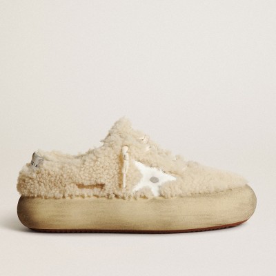 Golden Goose Women's Space-Star Sneakers Shoes In Beige Shearling With White Leather Star And Metallic Leather Heel Tab GWF00346.F003337.15292