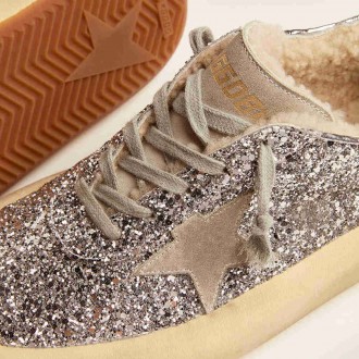 Golden Goose Women's Space-Star Sneakers Shoes In Silver Glitter With Shearling Lining GWF00346.F002998.70136