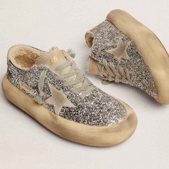 Golden Goose Women's Space-Star Sneakers Shoes In Silver Glitter With Shearling Lining GWF00346.F002998.70136