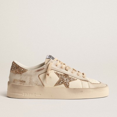 Golden Goose Women's Stardan Sneakers In Ecru Nappa Leather With Gold Glitter Star And Heel Tab GWF00128.F004550.11490