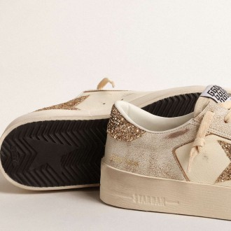 Golden Goose Women's Stardan Sneakers In Ecru Nappa Leather With Gold Glitter Star And Heel Tab GWF00128.F004550.11490