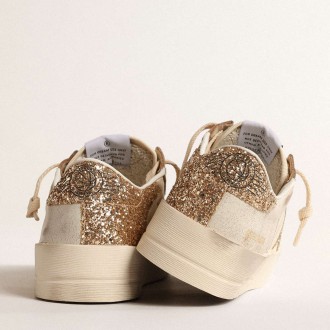 Golden Goose Women's Stardan Sneakers In Ecru Nappa Leather With Gold Glitter Star And Heel Tab GWF00128.F004550.11490