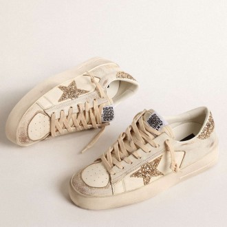 Golden Goose Women's Stardan Sneakers In Ecru Nappa Leather With Gold Glitter Star And Heel Tab GWF00128.F004550.11490